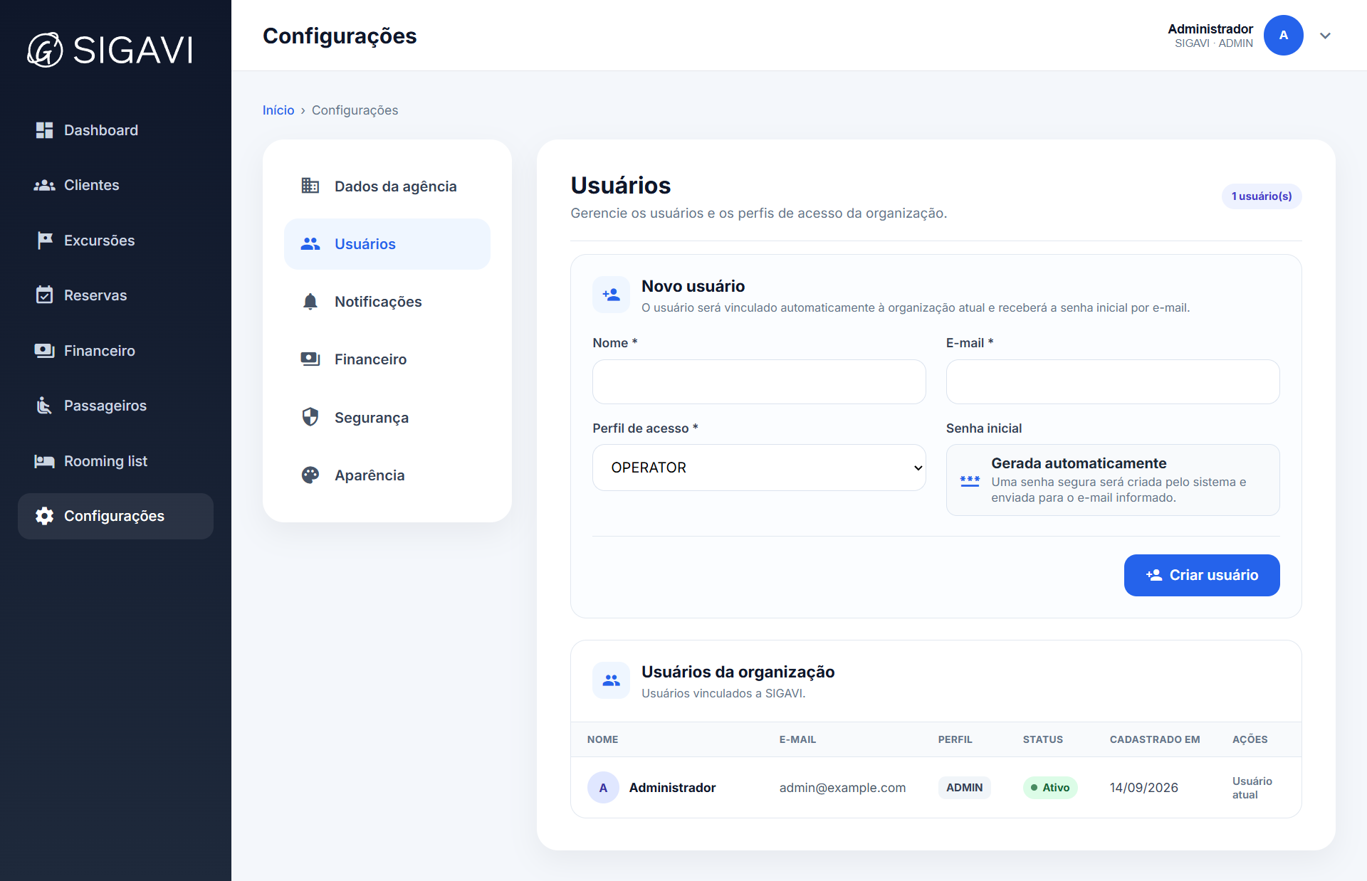 Configurações e usuários do SIGAVI