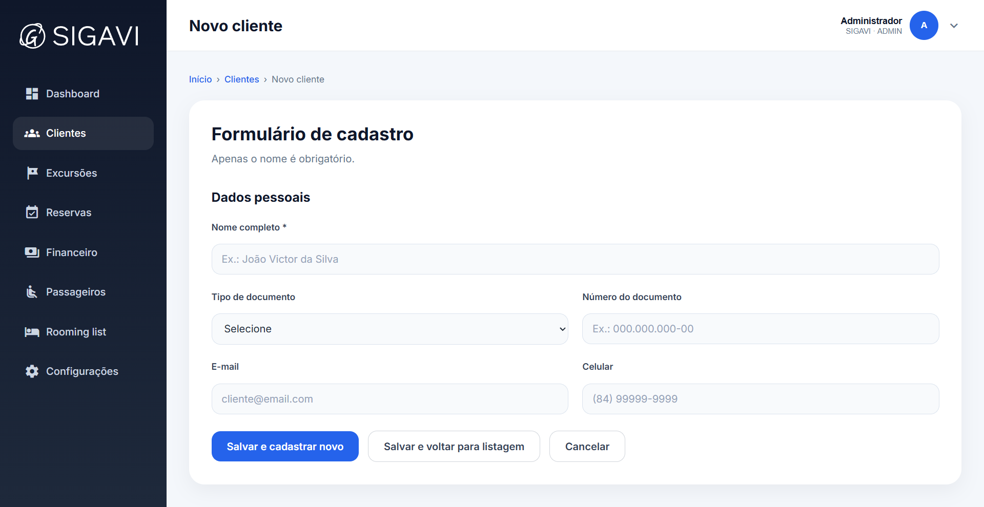 Tela real de cadastro de novo cliente no SIGAVI